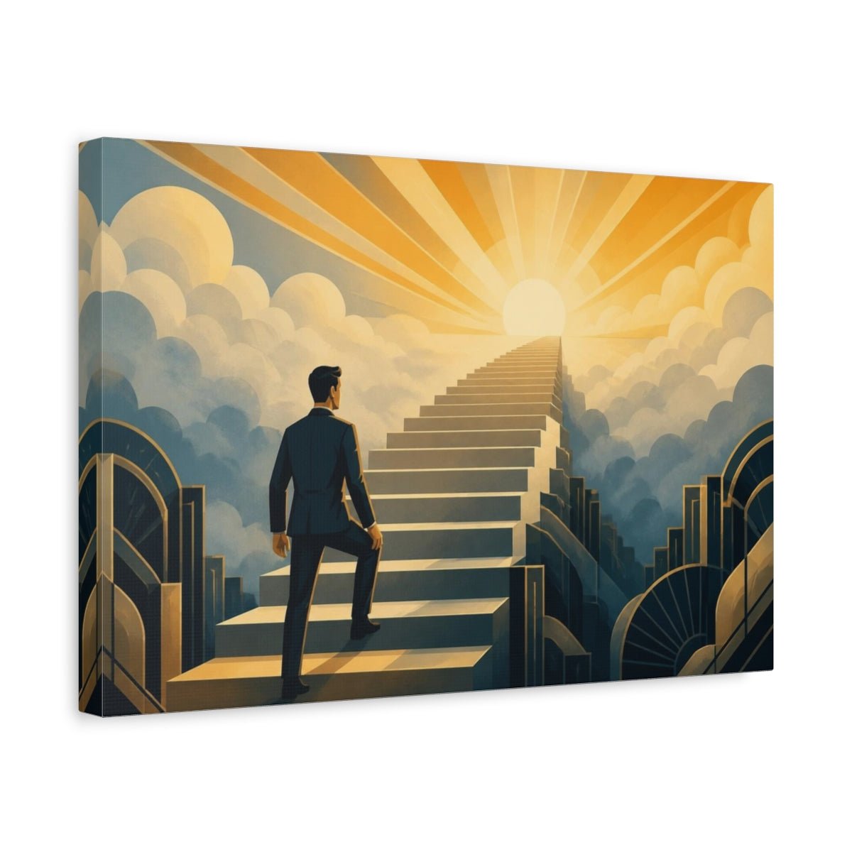 Motivation Staircase To Sunrise Canvas Print – Office, Above Desk, Gold And Slate-Blue - YesArtYes