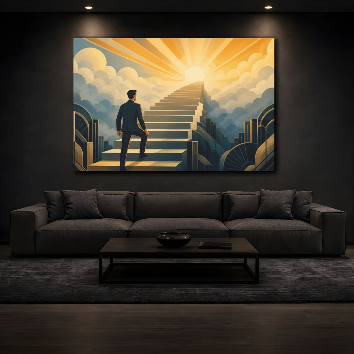 Motivation Staircase To Sunrise Canvas Print – Office, Above Desk, Gold And Slate-Blue - YesArtYes