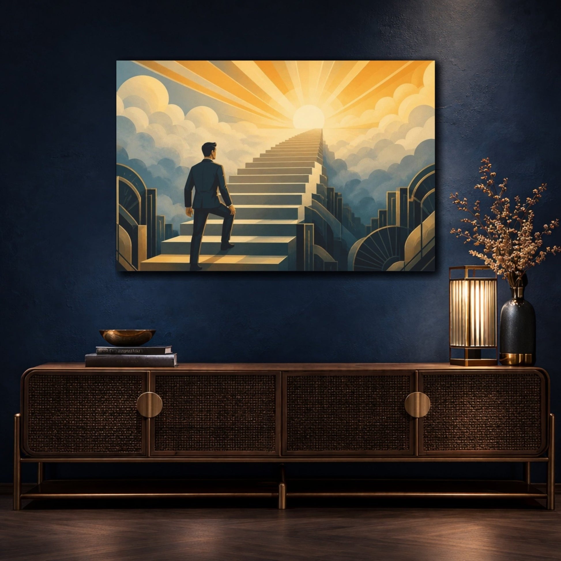 Motivation Staircase To Sunrise Canvas Print – Office, Above Desk, Gold And Slate-Blue - YesArtYes