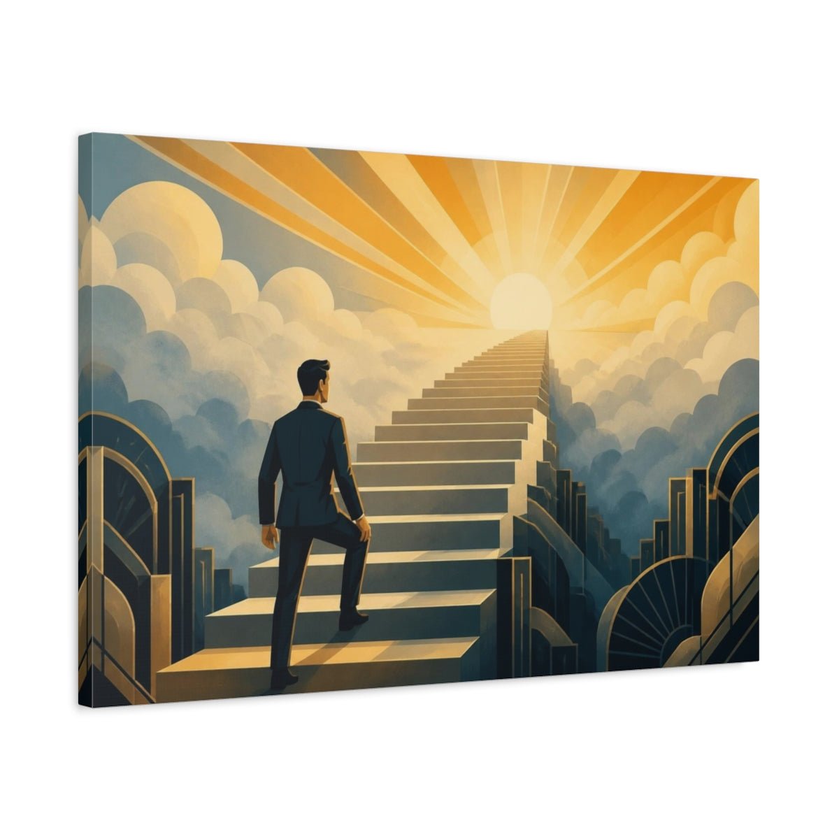 Motivation Staircase To Sunrise Canvas Print – Office, Above Desk, Gold And Slate-Blue - YesArtYes