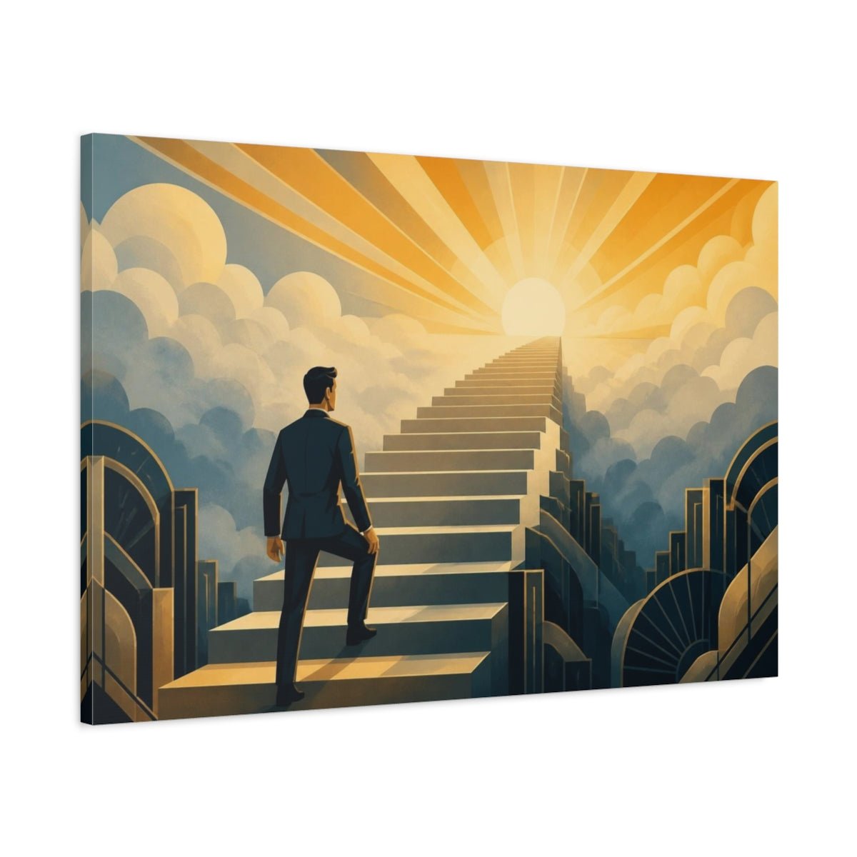 Motivation Staircase To Sunrise Canvas Print – Office, Above Desk, Gold And Slate-Blue - YesArtYes