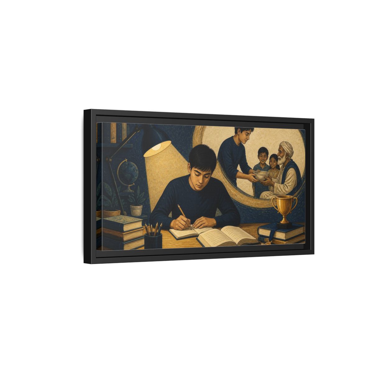 Side Mockup 8. Motivation: Student At Desk shown as framed canvas print