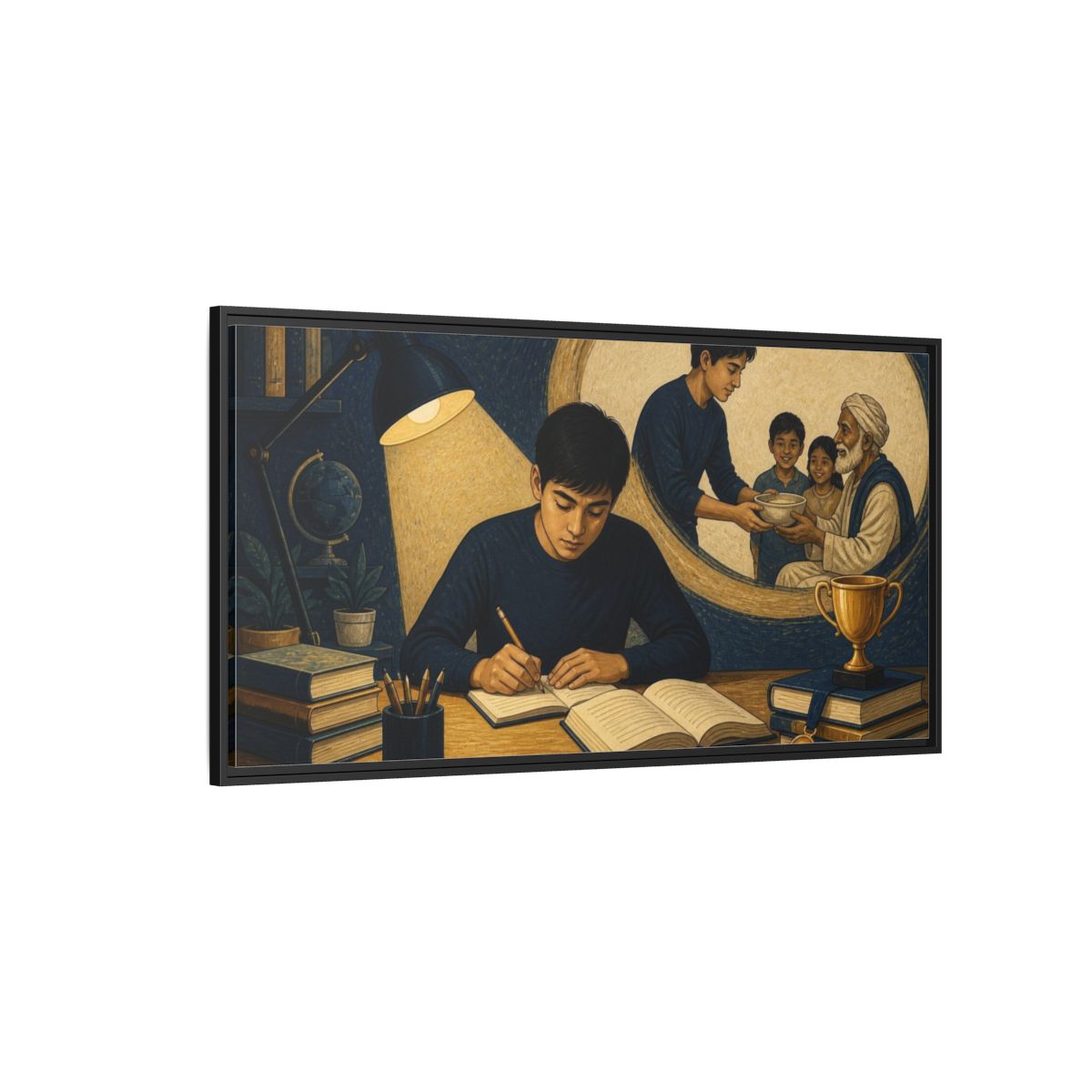 Side Mockup 5. Motivation: Student At Desk shown as framed canvas print