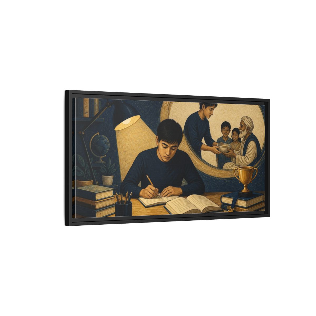 Side Mockup 2. Motivation: Student At Desk shown as framed canvas print