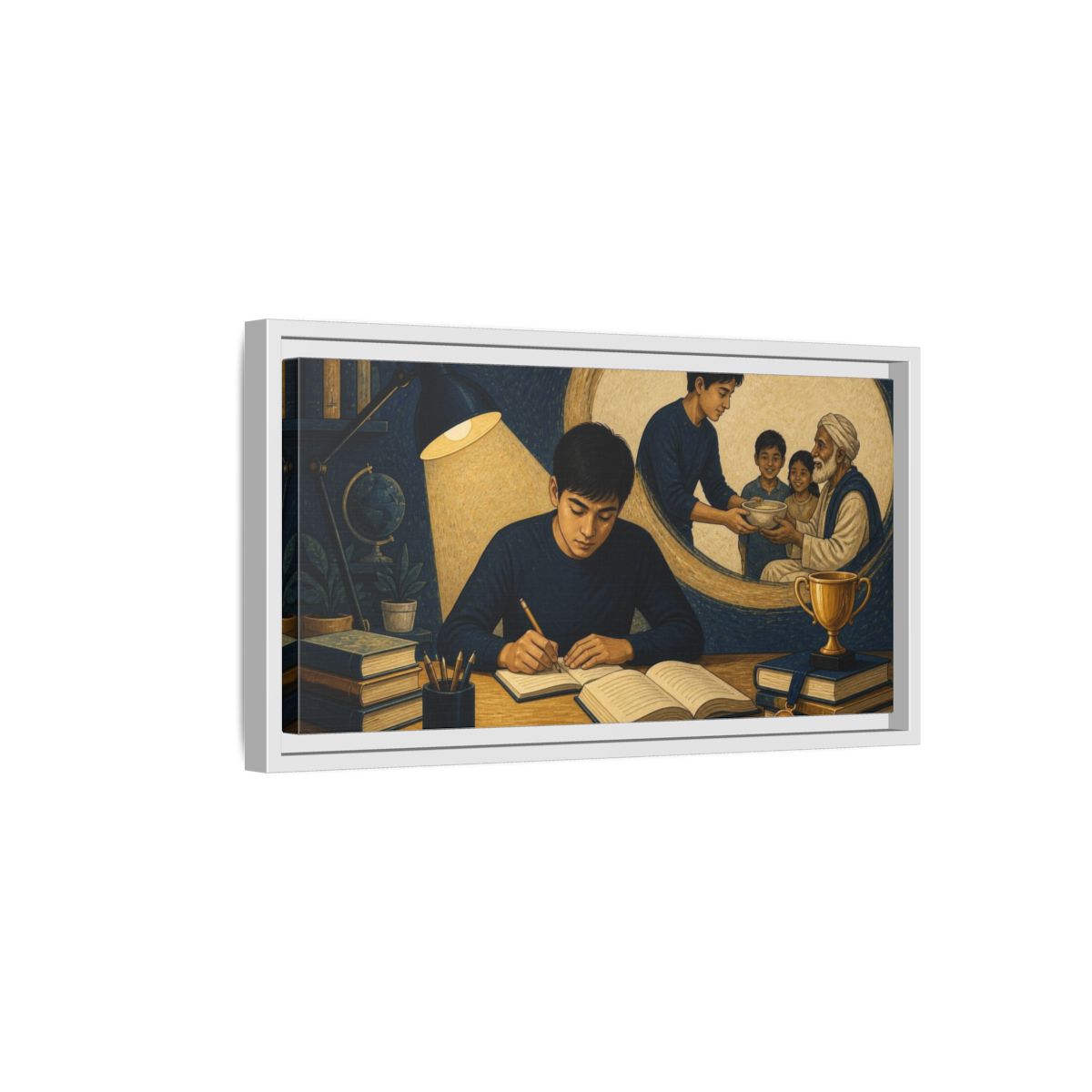Side Mockup 6. Motivation: Student At Desk shown as framed canvas print