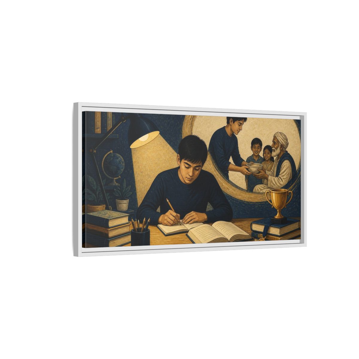 Side Mockup 1. Motivation: Student At Desk shown as framed canvas print