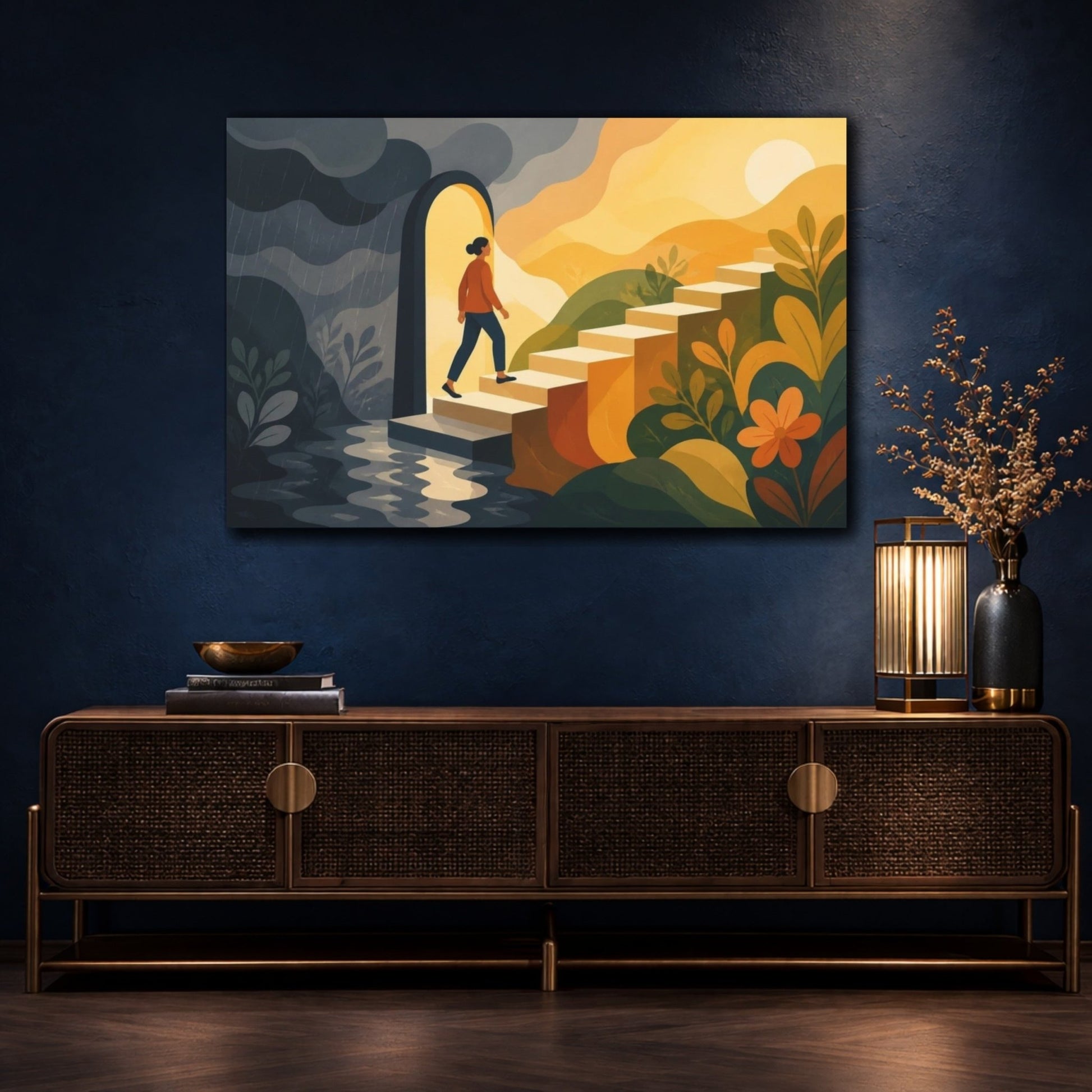 Motivation Sunlit Stairs Canvas Print – Living Room, Above Couch, Warm Golds And Deep Grays - YesArtYes