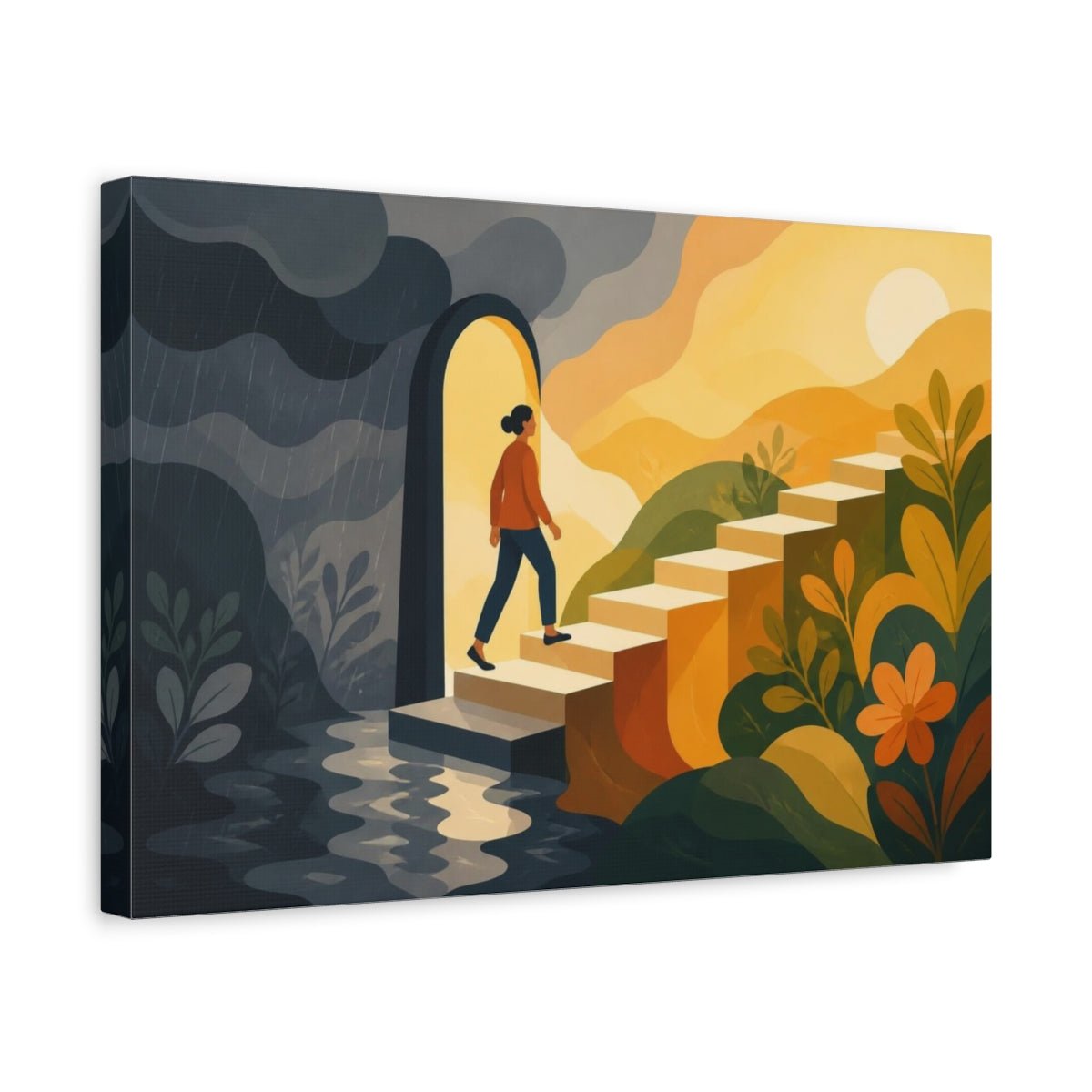 Motivation Sunlit Stairs Canvas Print – Living Room, Above Couch, Warm Golds And Deep Grays - YesArtYes