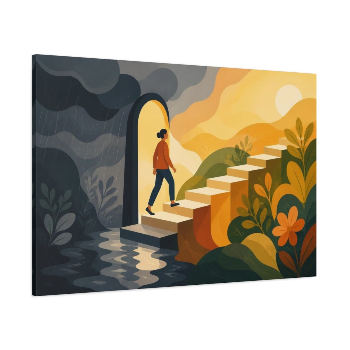 Motivation Sunlit Stairs Canvas Print – Living Room, Above Couch, Warm Golds And Deep Grays - YesArtYes