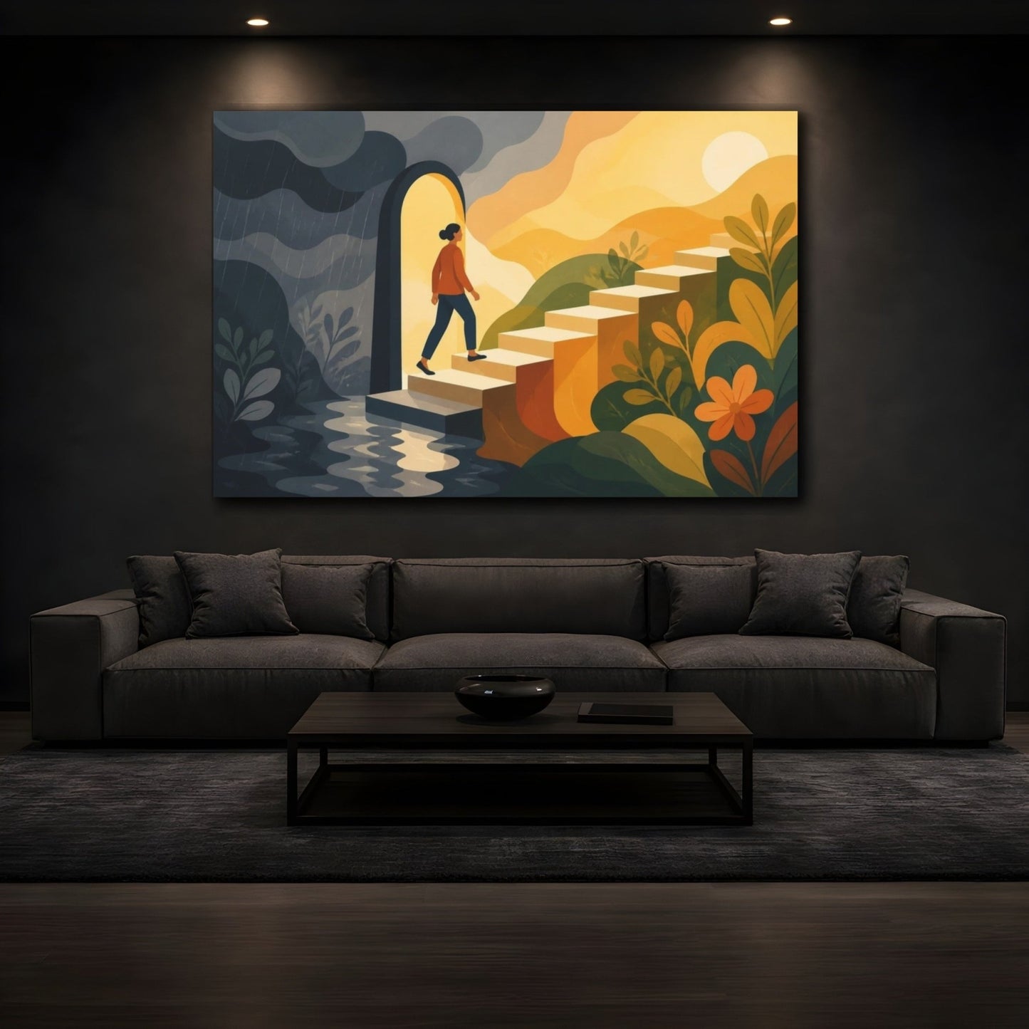 Motivation Sunlit Stairs Canvas Print – Living Room, Above Couch, Warm Golds And Deep Grays - YesArtYes