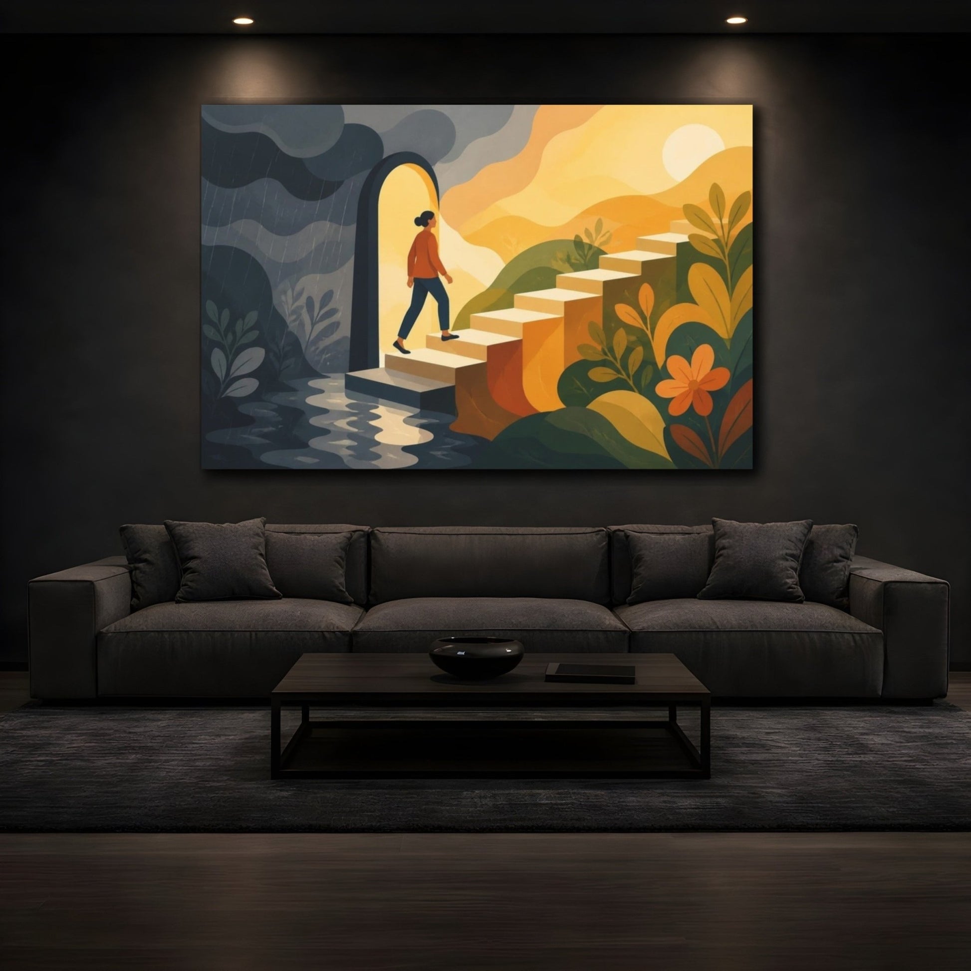 Motivation Sunlit Stairs Canvas Print – Living Room, Above Couch, Warm Golds And Deep Grays - YesArtYes