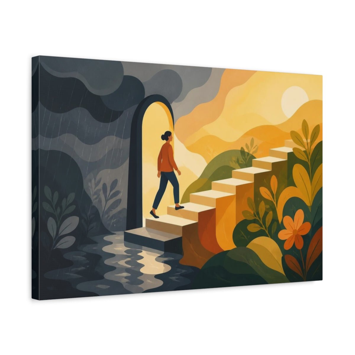 Motivation Sunlit Stairs Canvas Print – Living Room, Above Couch, Warm Golds And Deep Grays - YesArtYes