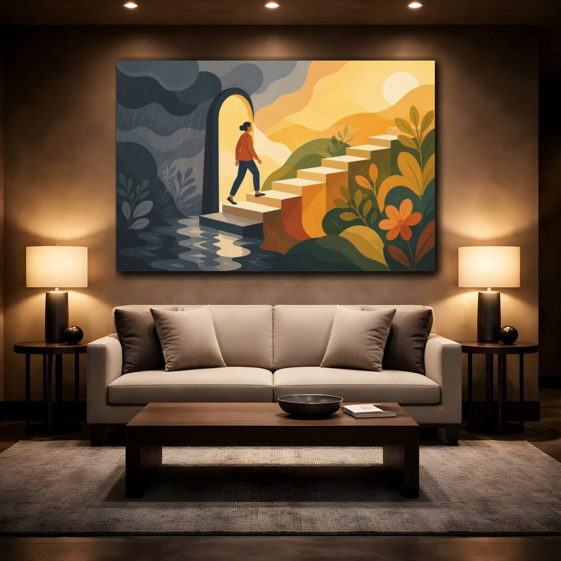 Motivation Sunlit Stairs Canvas Print – Living Room, Above Couch, Warm Golds And Deep Grays - YesArtYes