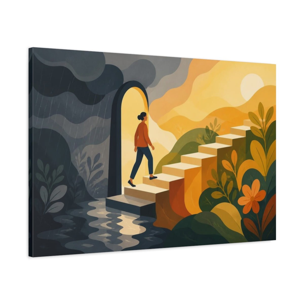 Motivation Sunlit Stairs Canvas Print – Living Room, Above Couch, Warm Golds And Deep Grays - YesArtYes