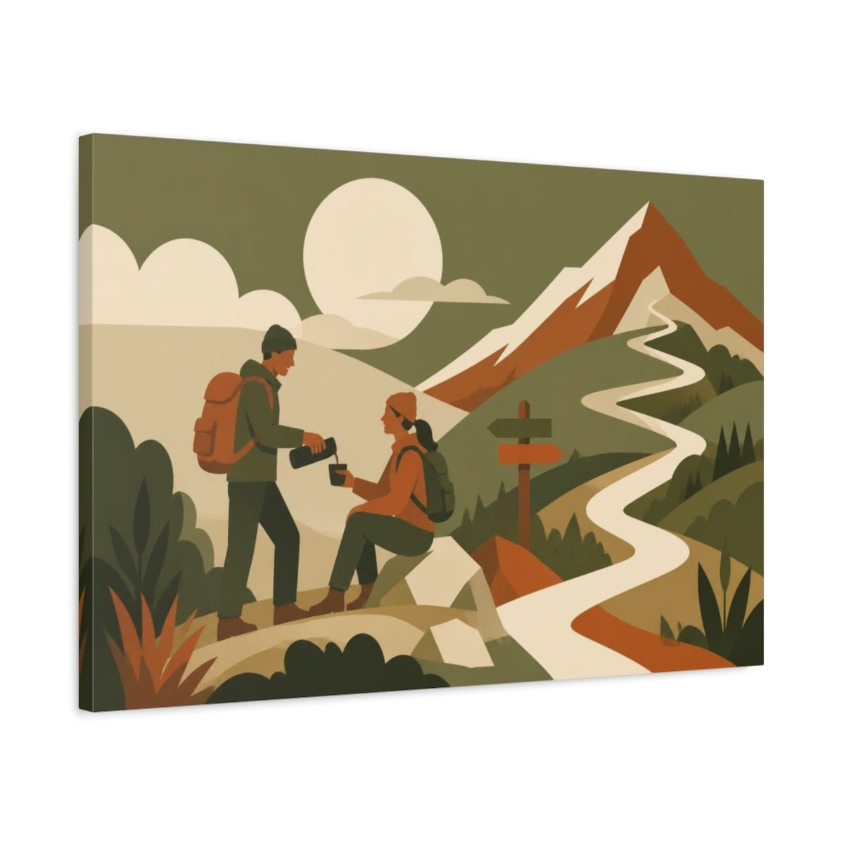 Motivation Two Hikers Canvas Print – Living Room, Above Couch, Olive & Rust Tones - YesArtYes