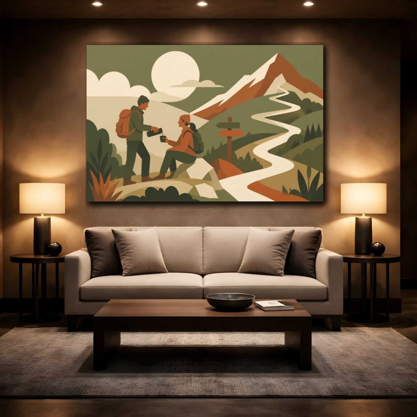 Motivation Two Hikers Canvas Print – Living Room, Above Couch, Olive & Rust Tones - YesArtYes