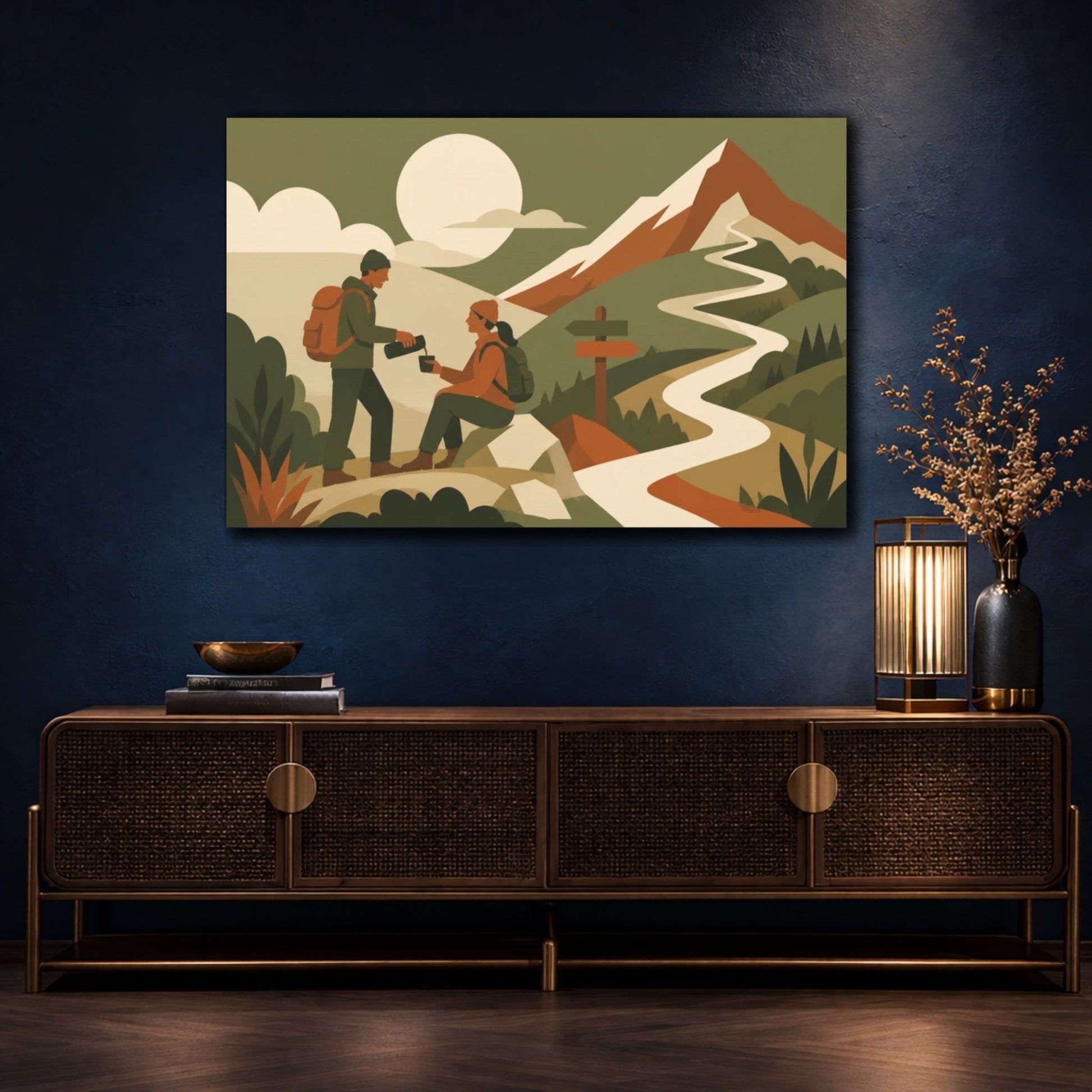 Motivation Two Hikers Canvas Print – Living Room, Above Couch, Olive & Rust Tones - YesArtYes
