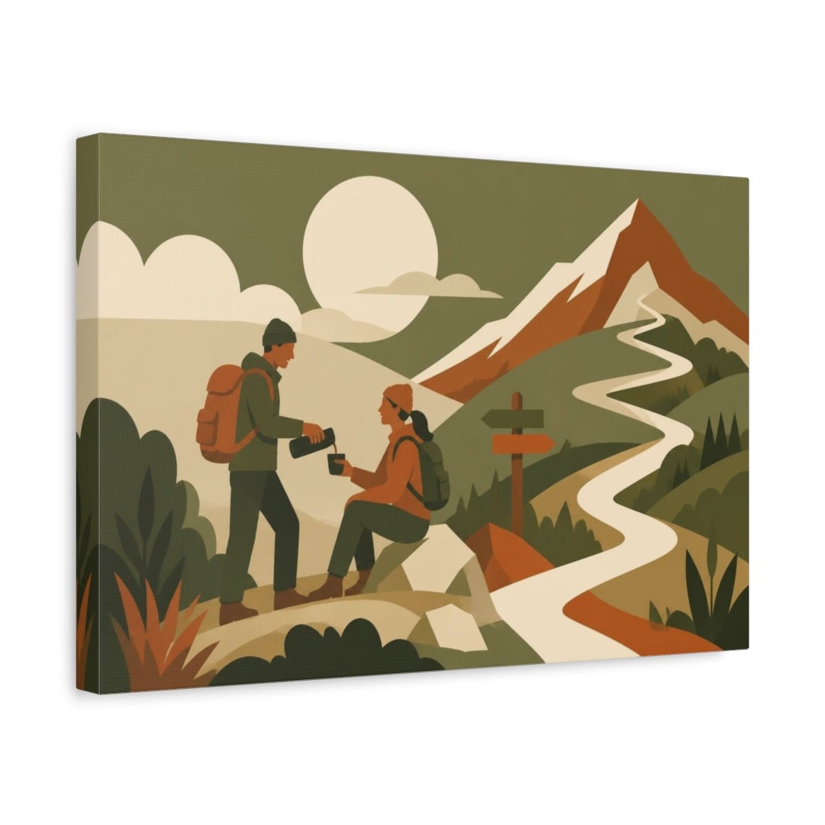Motivation Two Hikers Canvas Print – Living Room, Above Couch, Olive & Rust Tones - YesArtYes