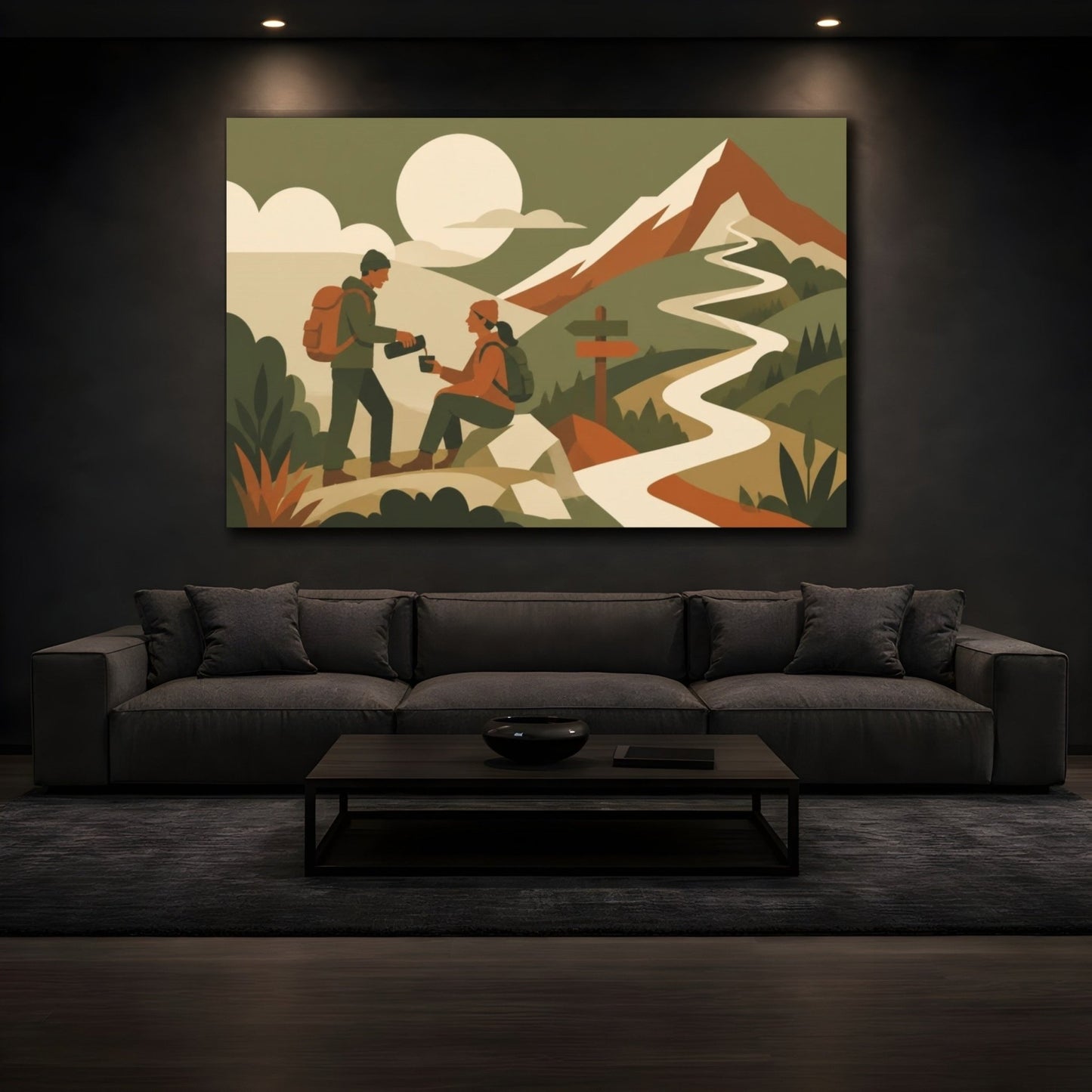 Motivation Two Hikers Canvas Print – Living Room, Above Couch, Olive & Rust Tones - YesArtYes