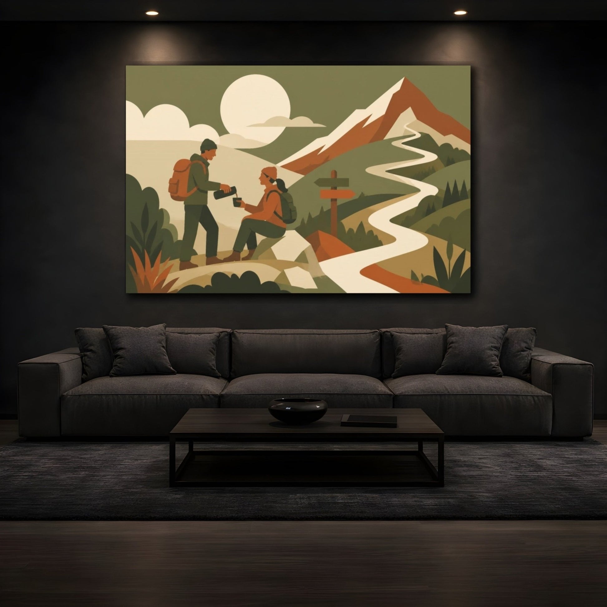 Motivation Two Hikers Canvas Print – Living Room, Above Couch, Olive & Rust Tones - YesArtYes