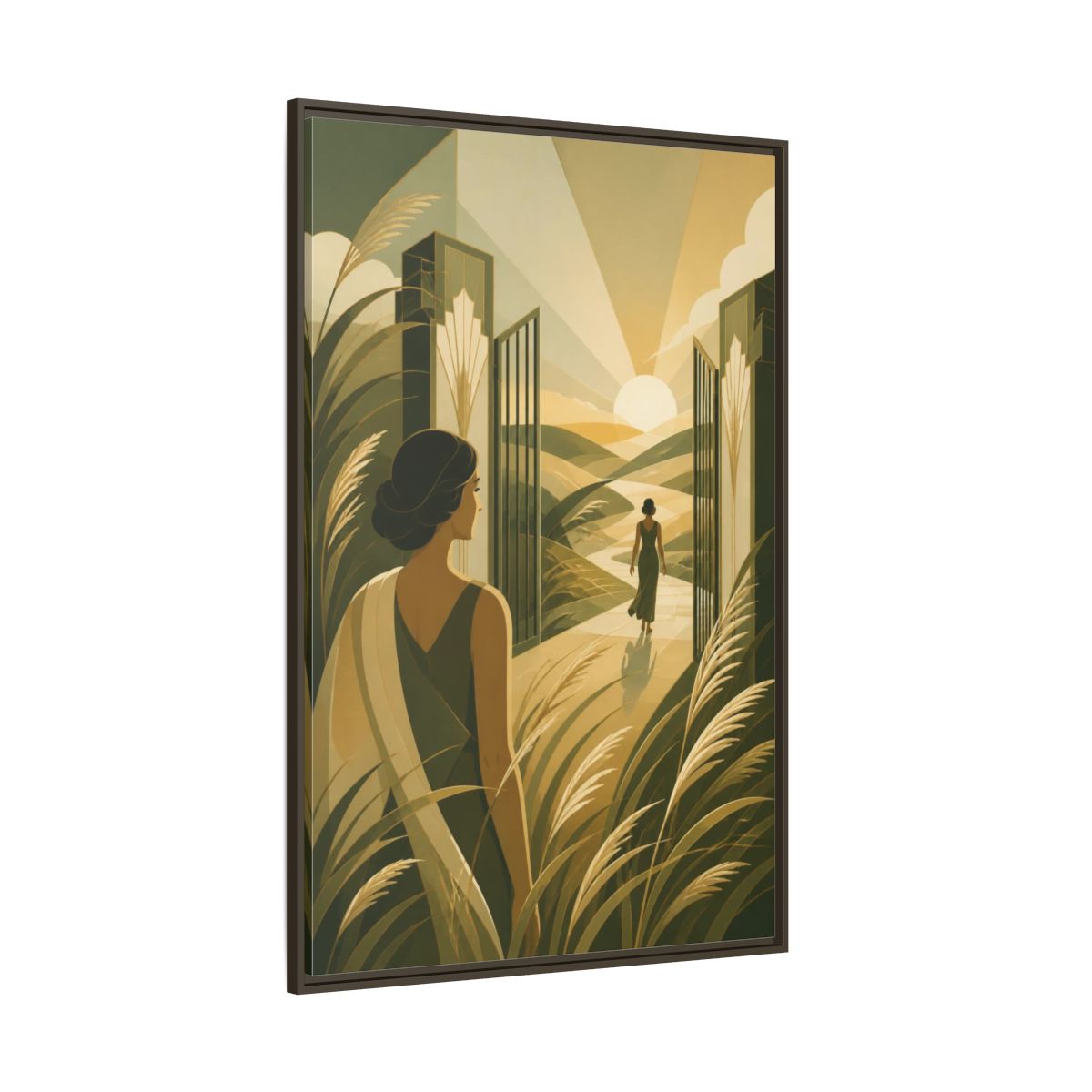 Side Mockup 8. Motivation: Woman At Sunrise shown as framed canvas print