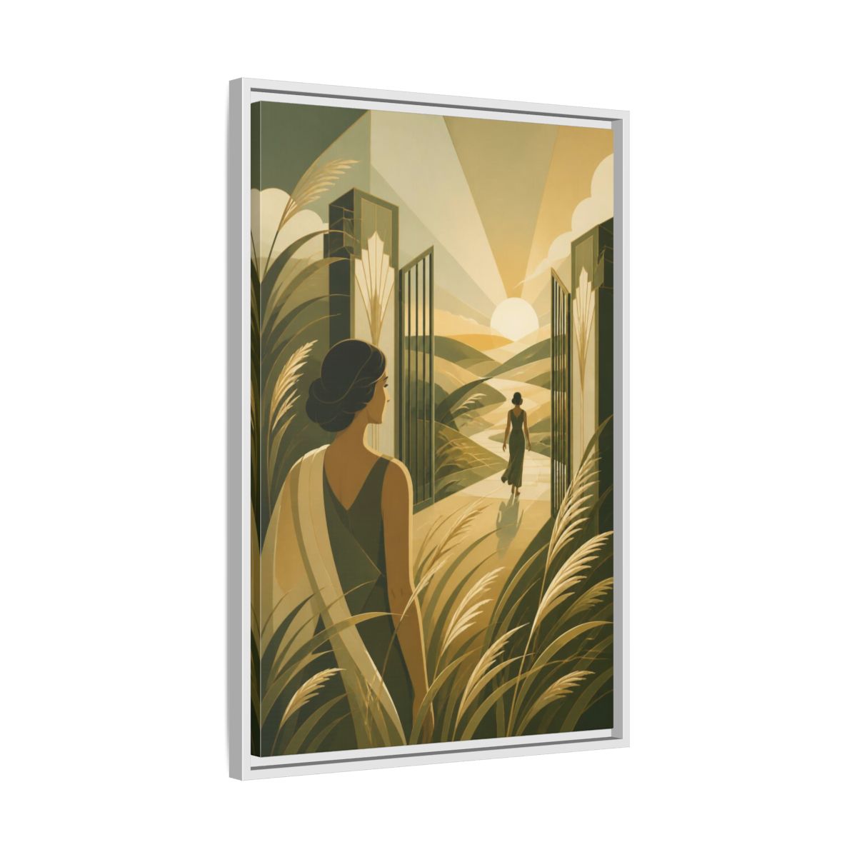 Side Mockup 10. Motivation: Woman At Sunrise shown as framed canvas print