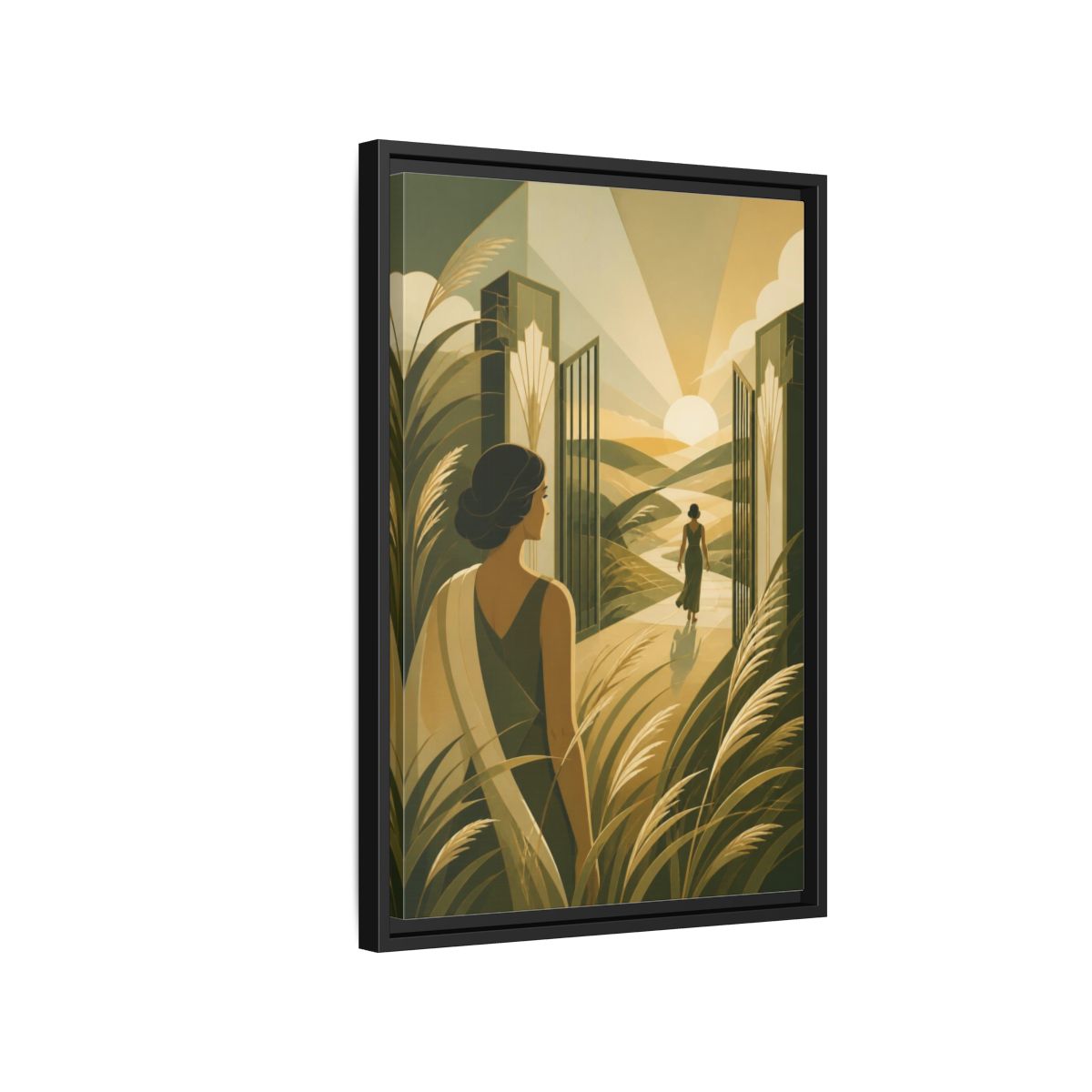 Side Mockup 3. Motivation: Woman At Sunrise shown as framed canvas print