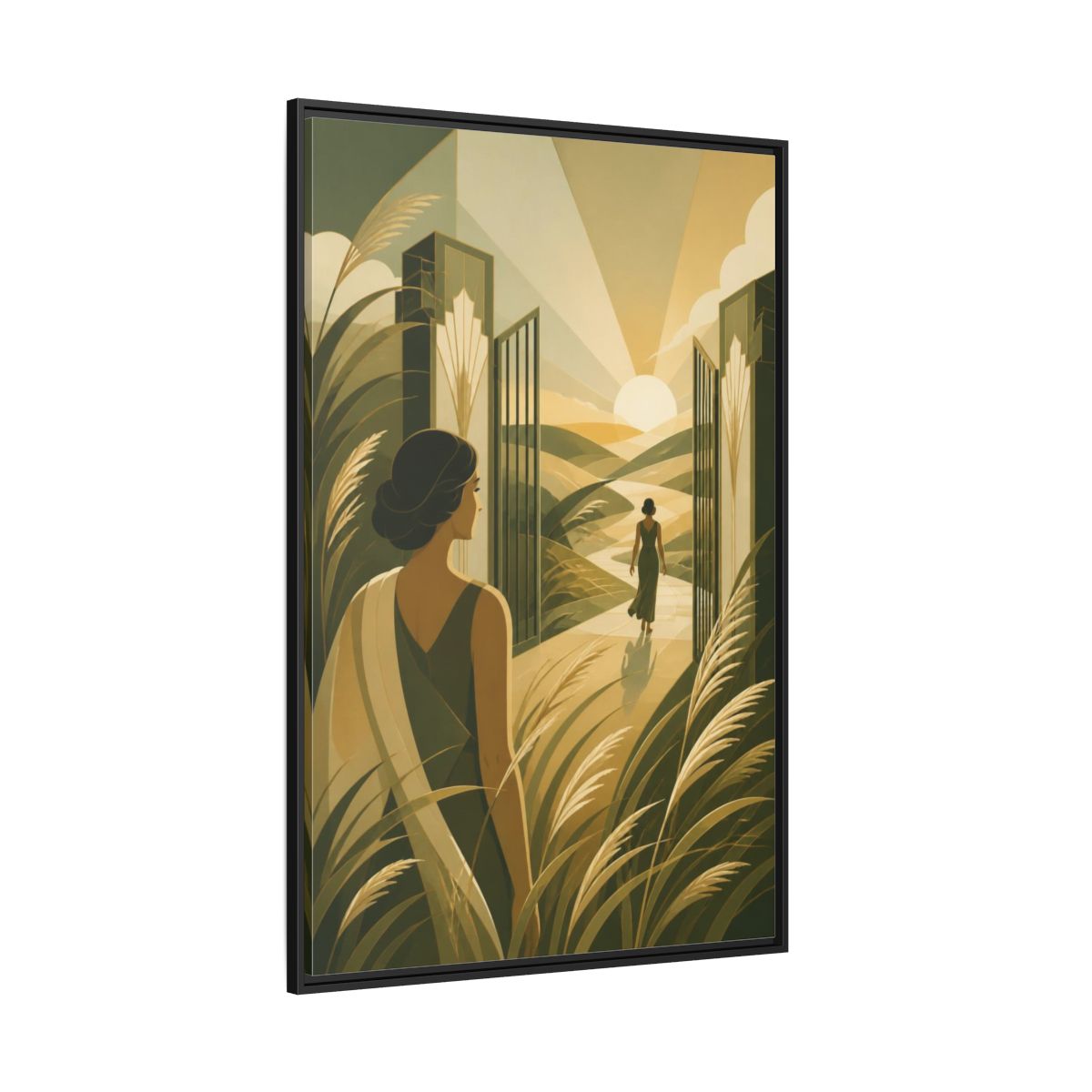 Side Mockup 12. Motivation: Woman At Sunrise shown as framed canvas print