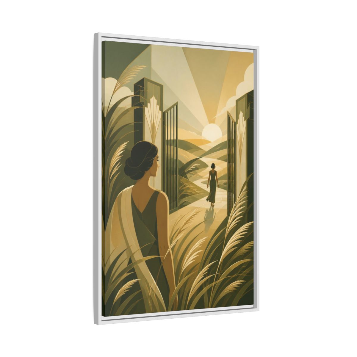 Side Mockup 9. Motivation: Woman At Sunrise shown as framed canvas print