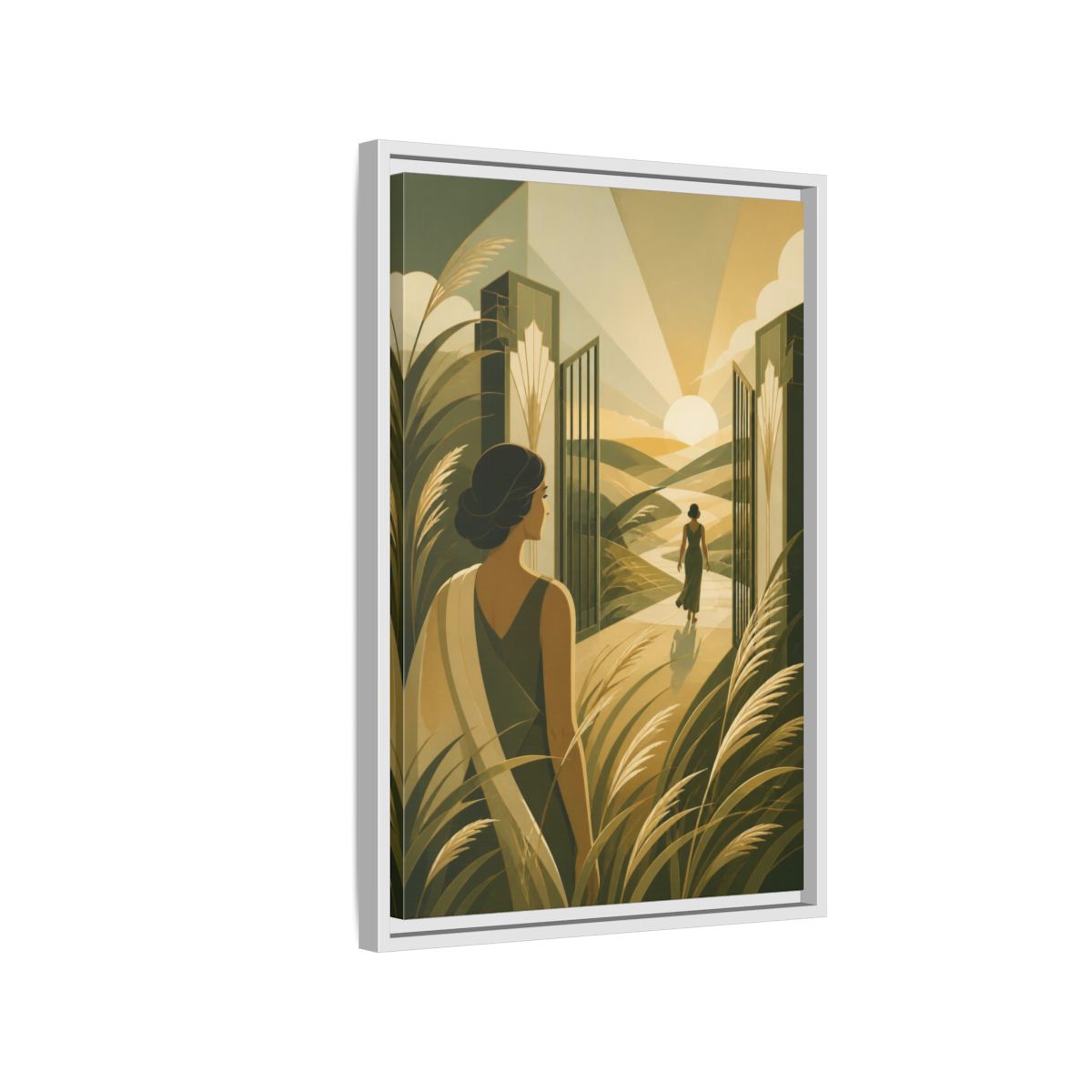 Side Mockup 1. Motivation: Woman At Sunrise shown as framed canvas print
