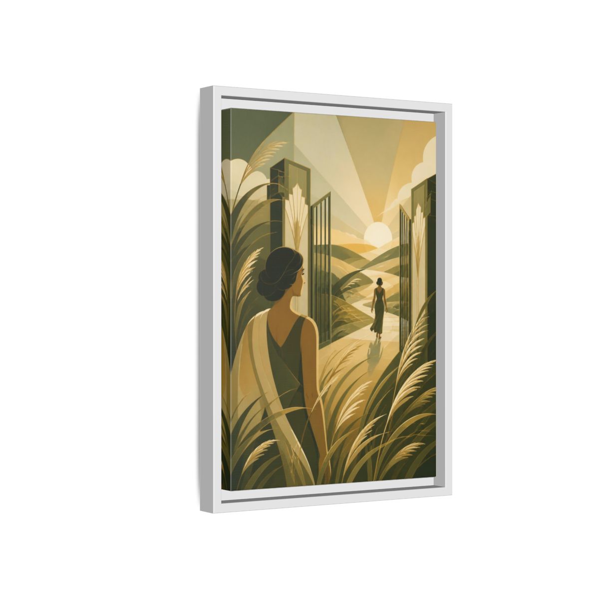 Side Mockup 4. Motivation: Woman At Sunrise shown as framed canvas print