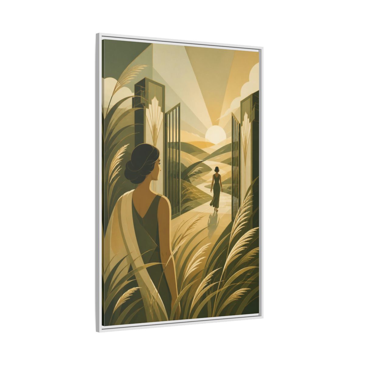 Side Mockup 7. Motivation: Woman At Sunrise shown as framed canvas print