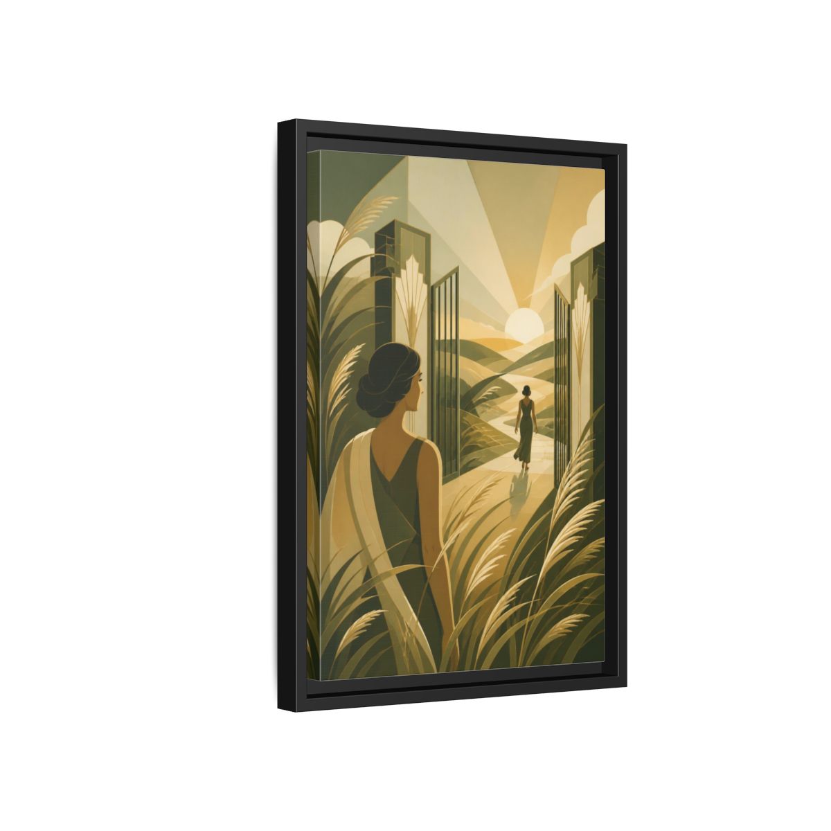 Side Mockup 6. Motivation: Woman At Sunrise shown as framed canvas print