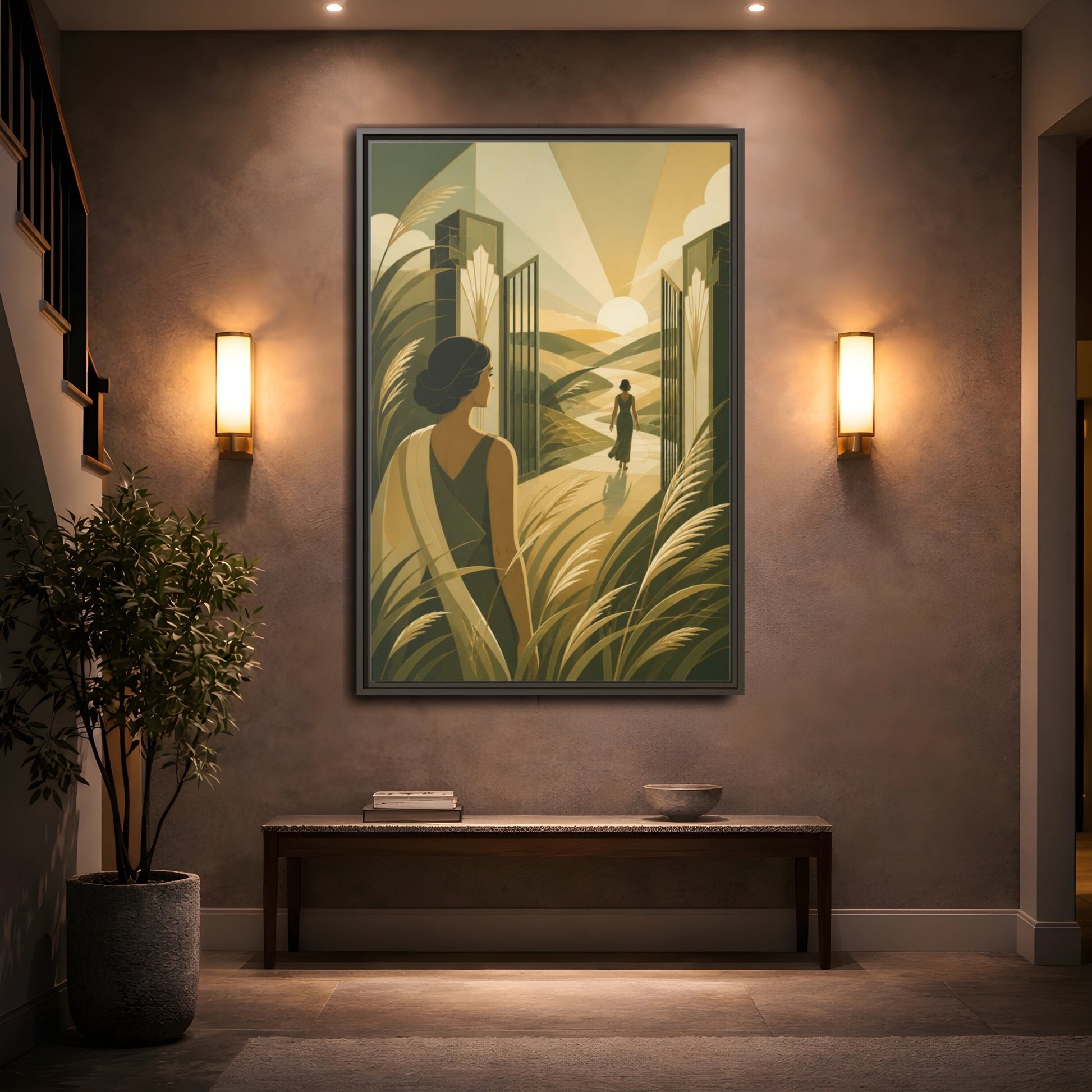 Mockup 2. Motivation: Woman At Sunrise shown as framed canvas print