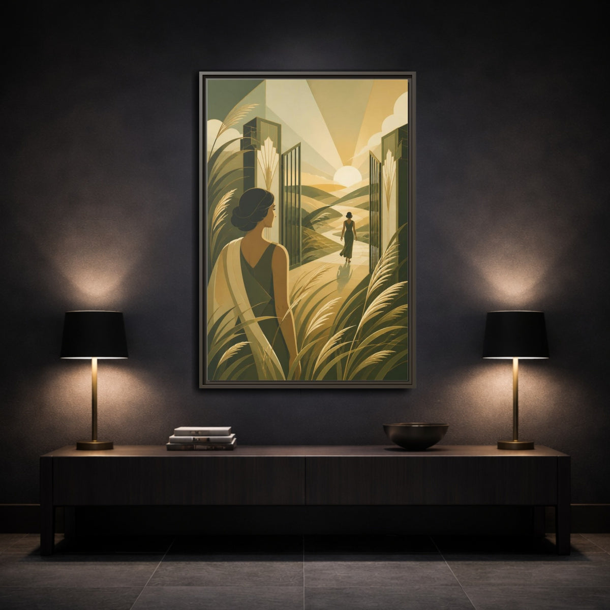 Mockup 3. Motivation: Woman At Sunrise shown as framed canvas print