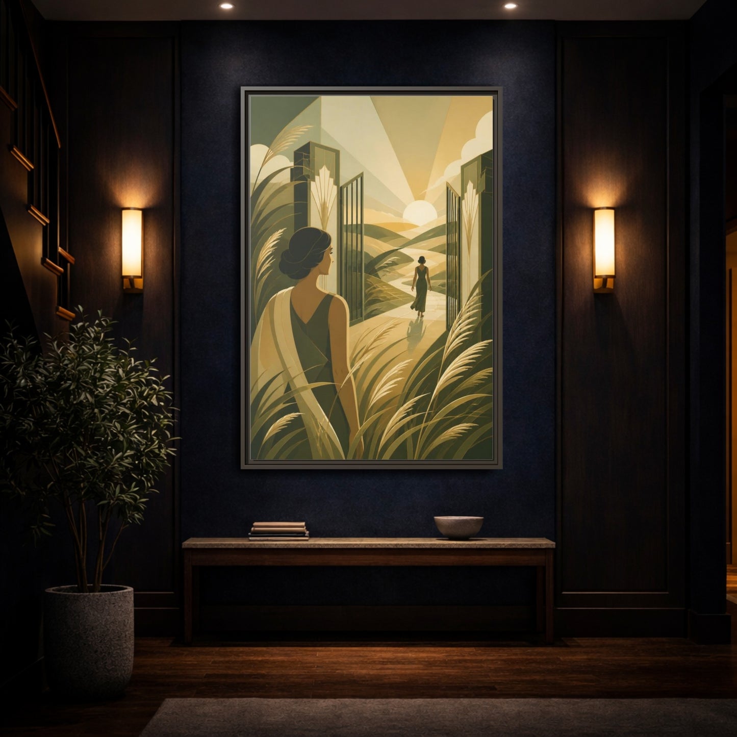 Mockup 4. Motivation: Woman At Sunrise shown as framed canvas print