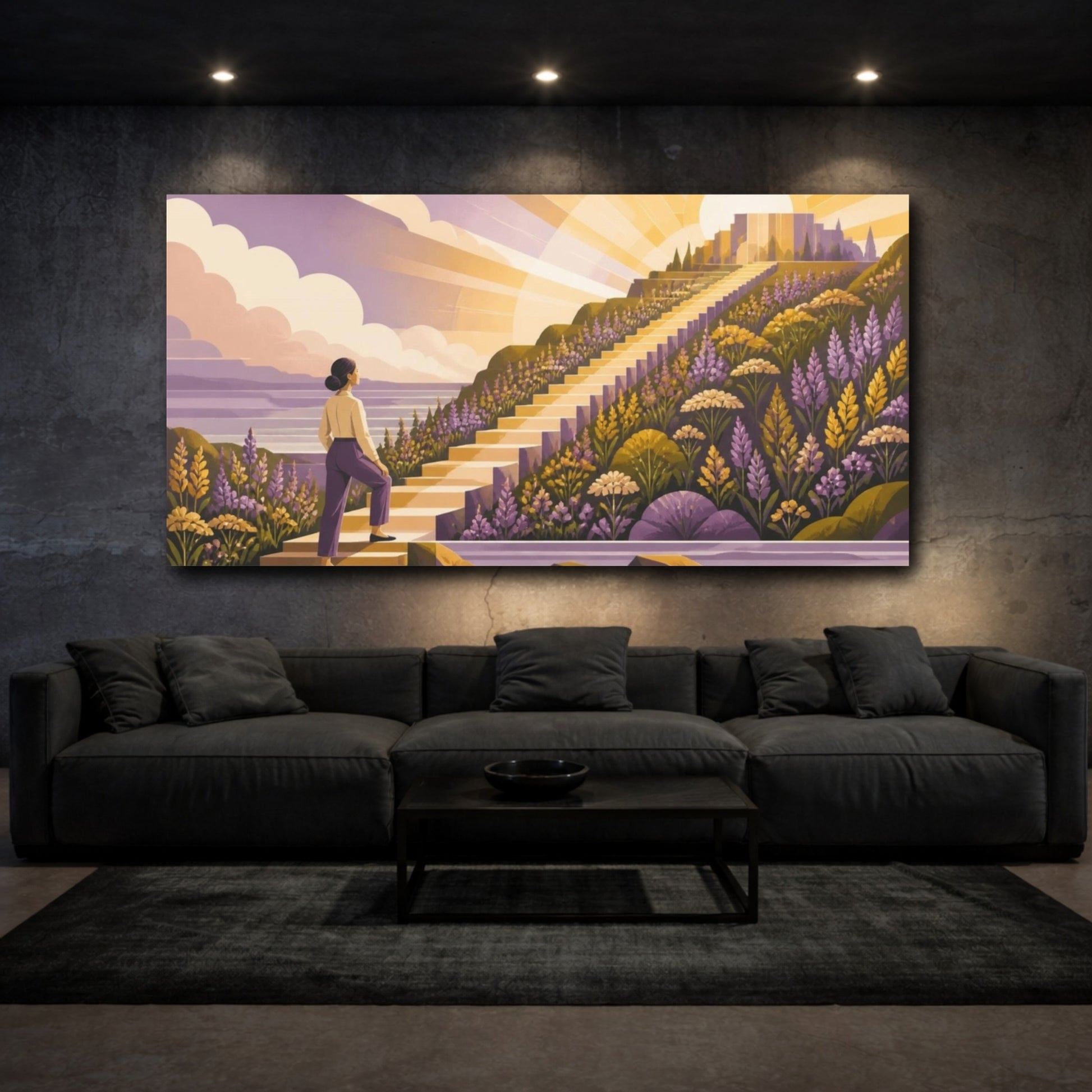 Mockup 3. Motivation Woman On Stairs shown as canvas print