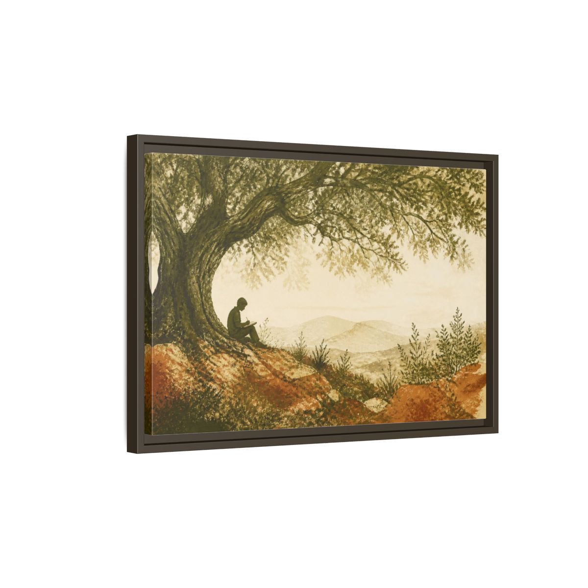 Side Mockup 2. Motivation Writer Under Tree shown as framed canvas print