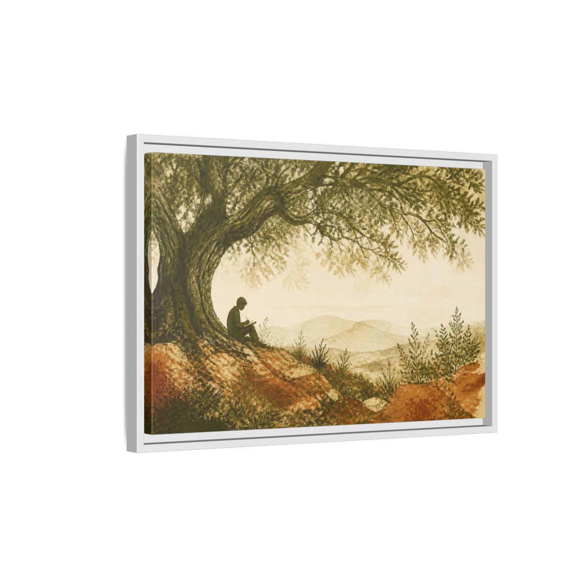Side Mockup 1. Motivation Writer Under Tree shown as framed canvas print