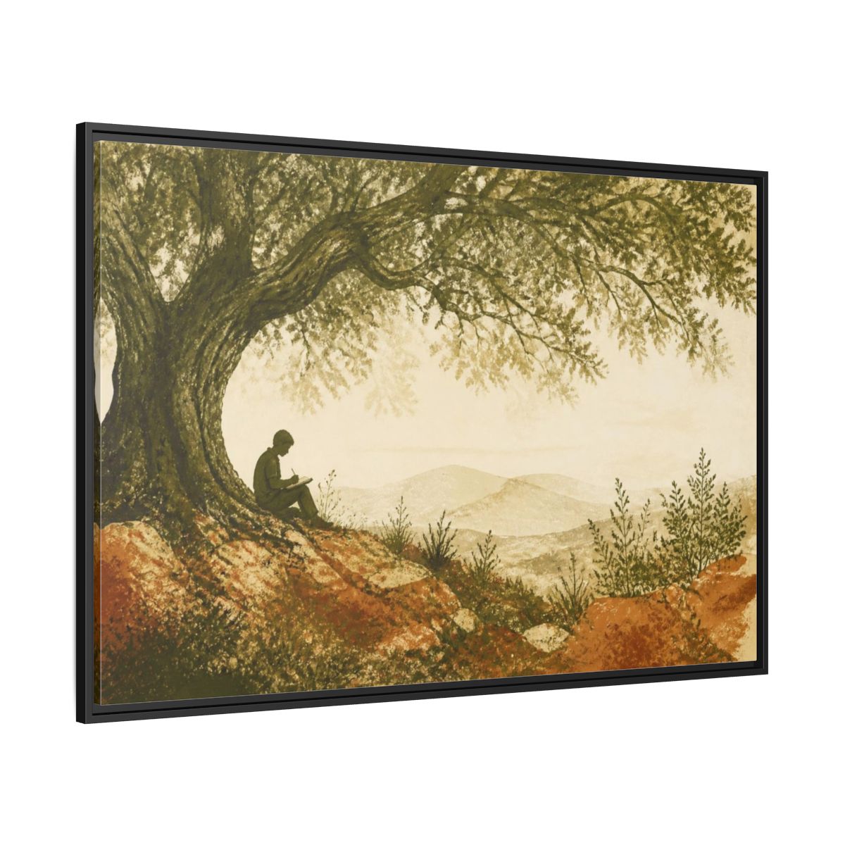 Side Mockup 12. Motivation Writer Under Tree shown as framed canvas print