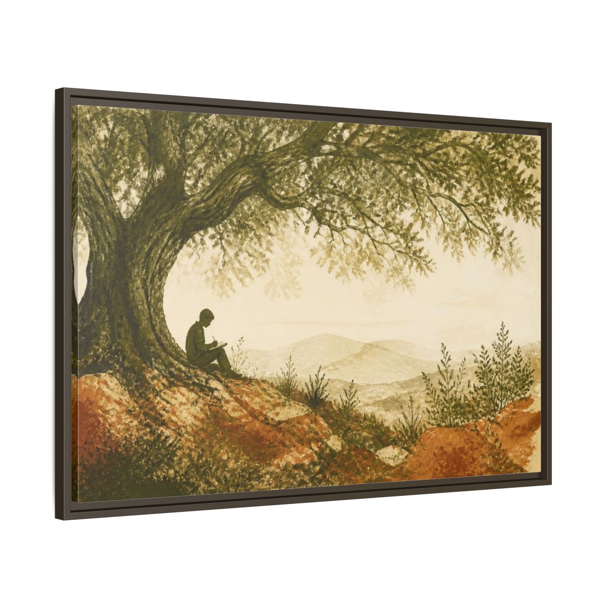 Main Mockup. Motivation Writer Under Tree shown as framed canvas print