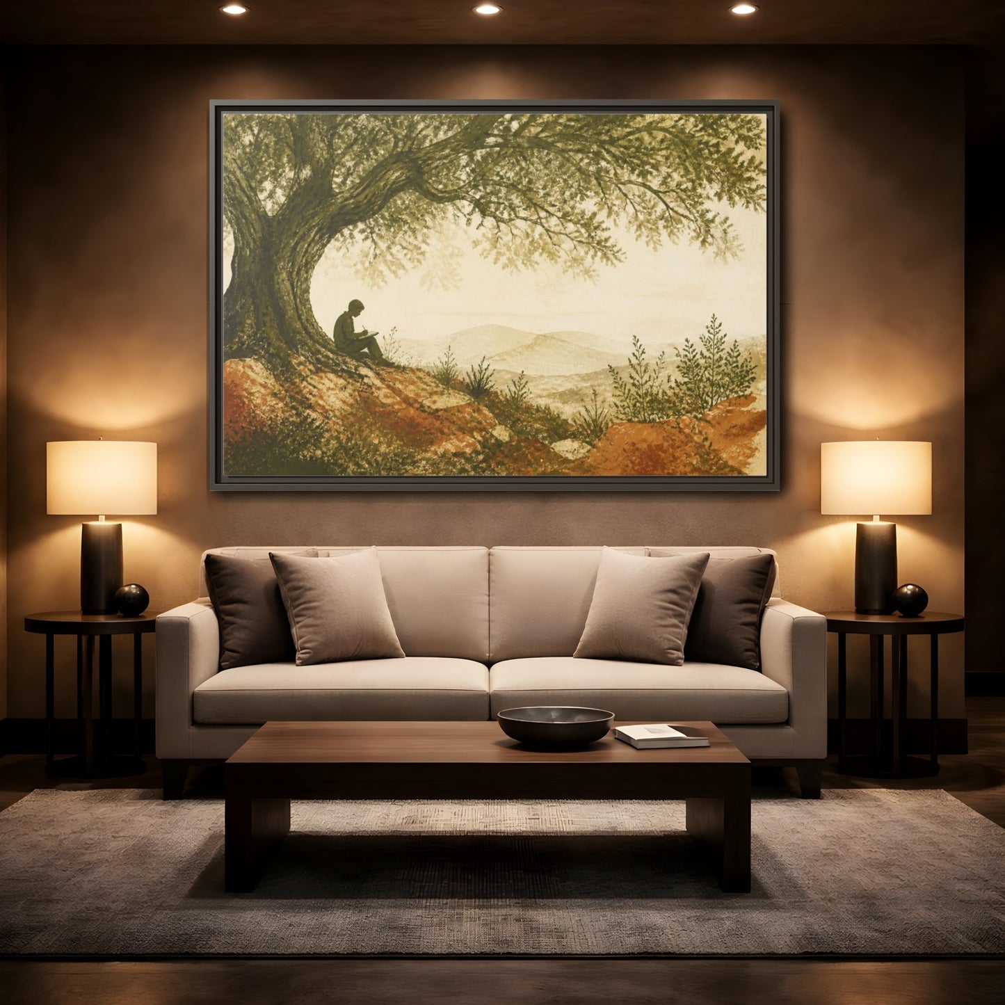 Mockup 2. Motivation Writer Under Tree shown as framed canvas print