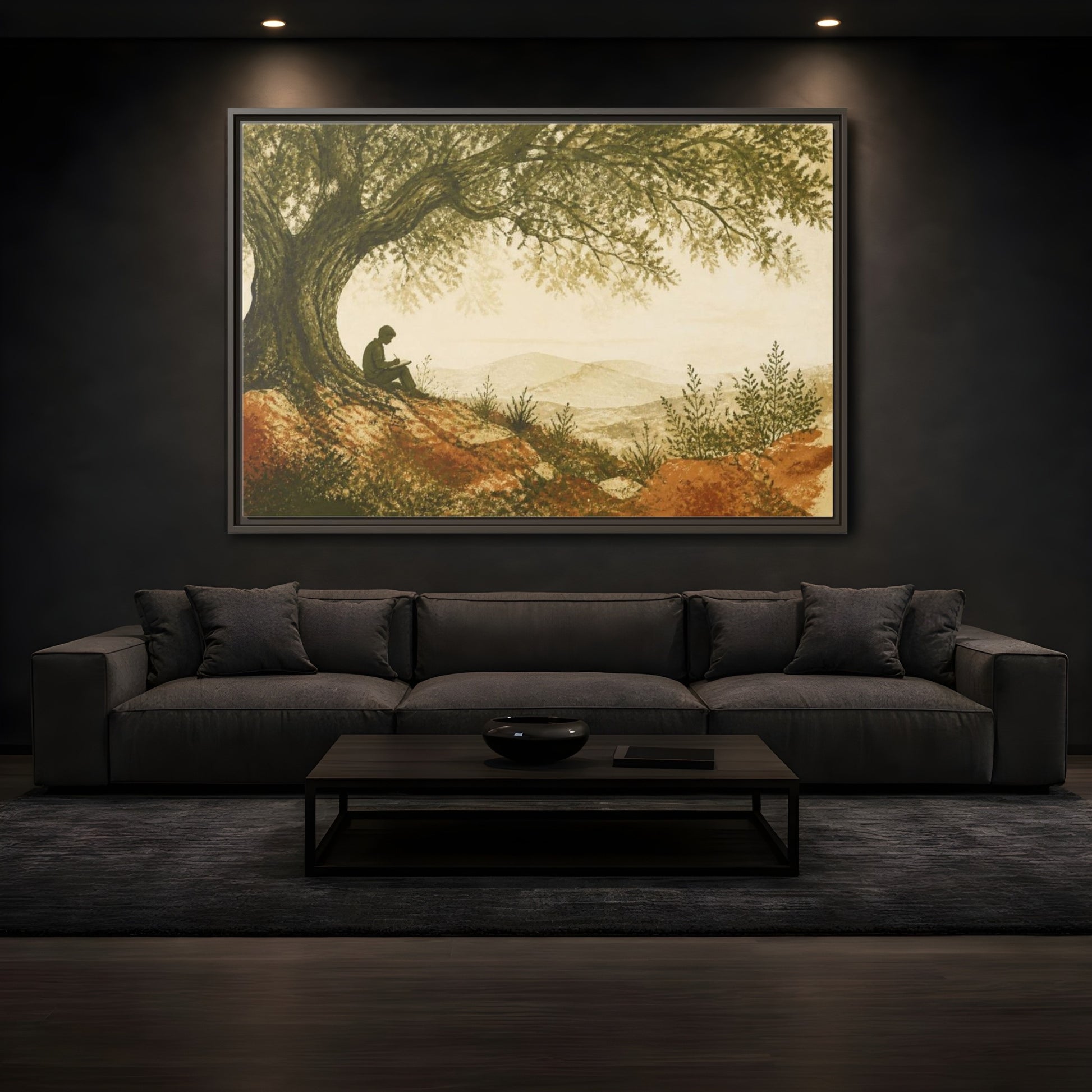 Mockup 3. Motivation Writer Under Tree shown as framed canvas print