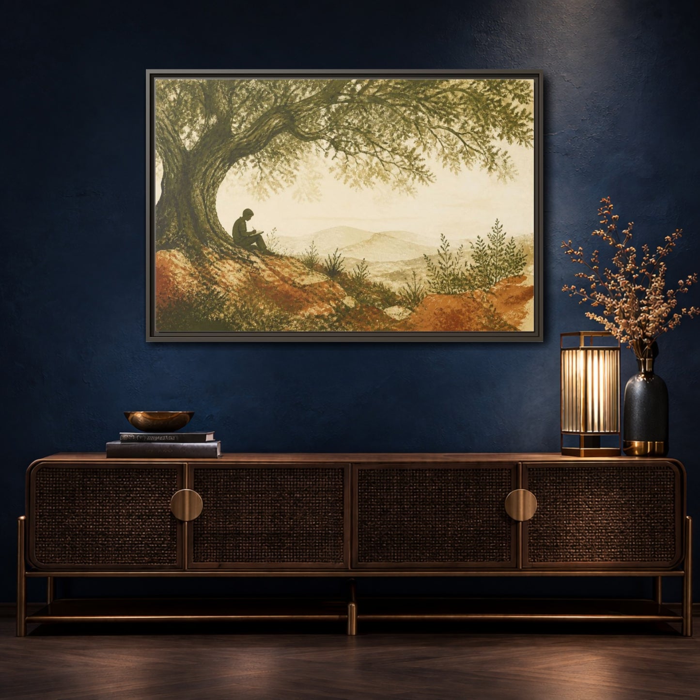 Mockup 4. Motivation Writer Under Tree shown as framed canvas print