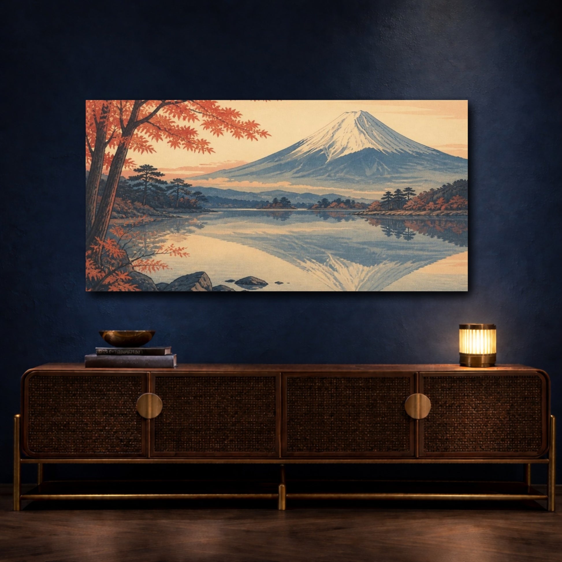Mockup 4. Mount Fuji Autumn Reflection shown as canvas print