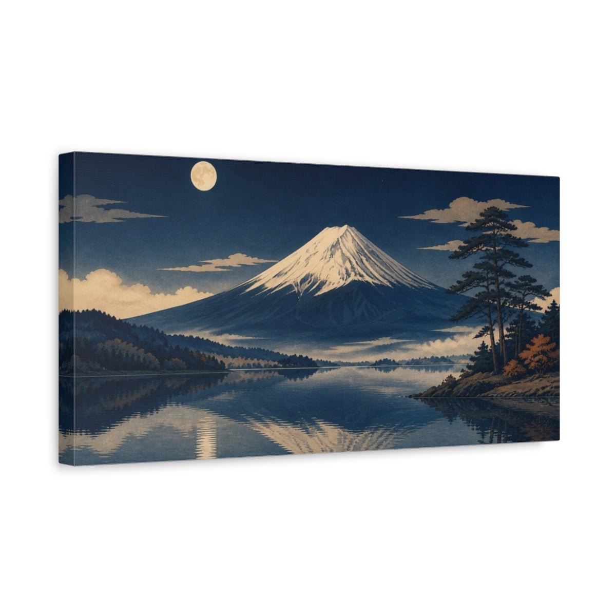 Mount Fuji Nature Moonlit Mountain Canvas Print Wall Art – woodblock Living Room, Above Fireplace - YesArtYes