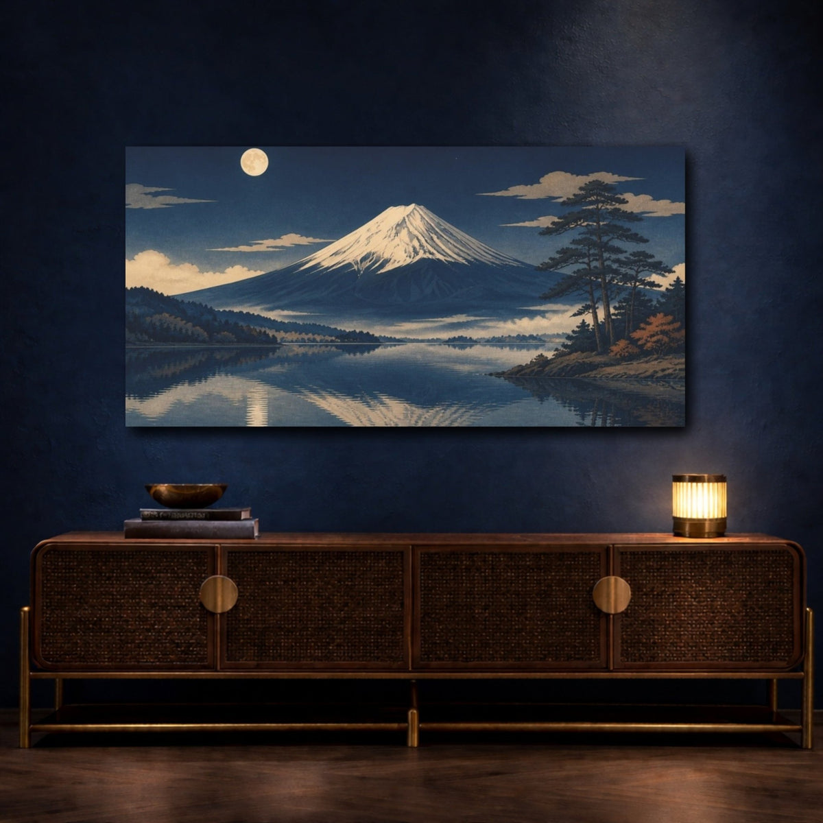 Mount Fuji Nature Moonlit Mountain Canvas Print Wall Art – woodblock Living Room, Above Fireplace - YesArtYes
