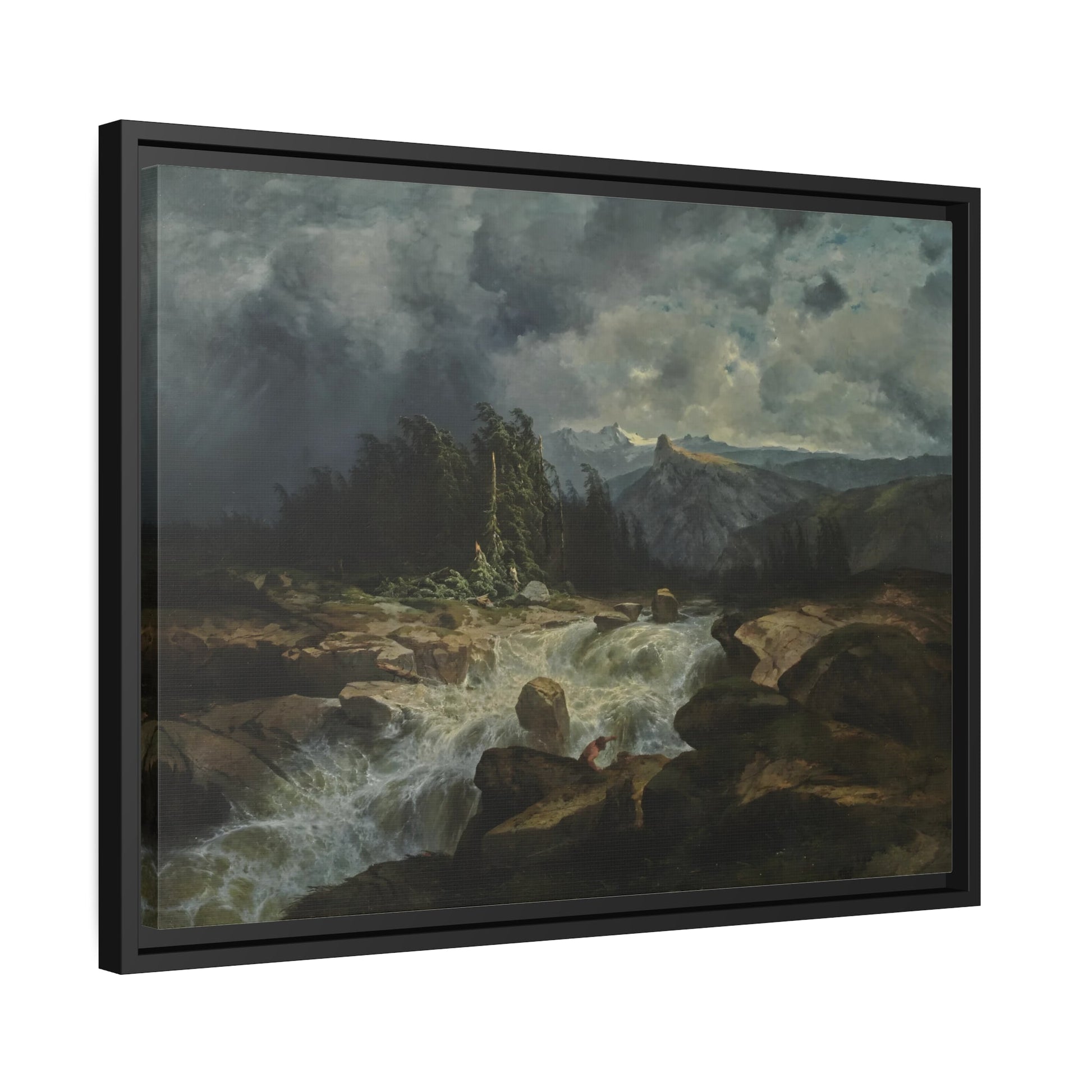 Mountain by Storm River Landscape Stretched Canvas Print - Framed Wall Art for Living Room in Frame