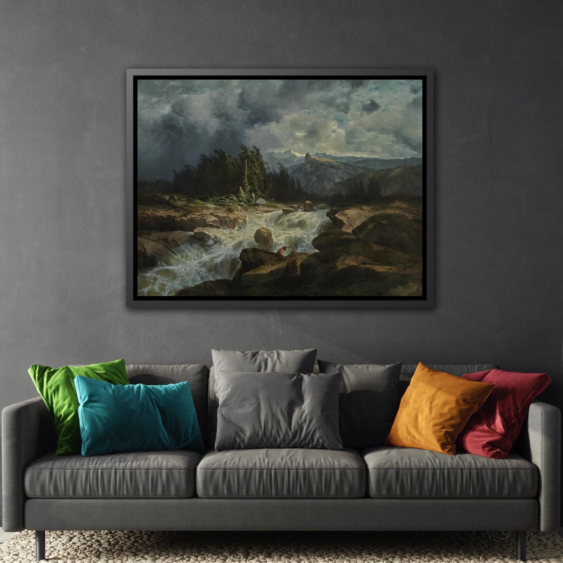 Mountain by Storm River Landscape Stretched Canvas Print - Framed Wall Art for Living Room in Frame