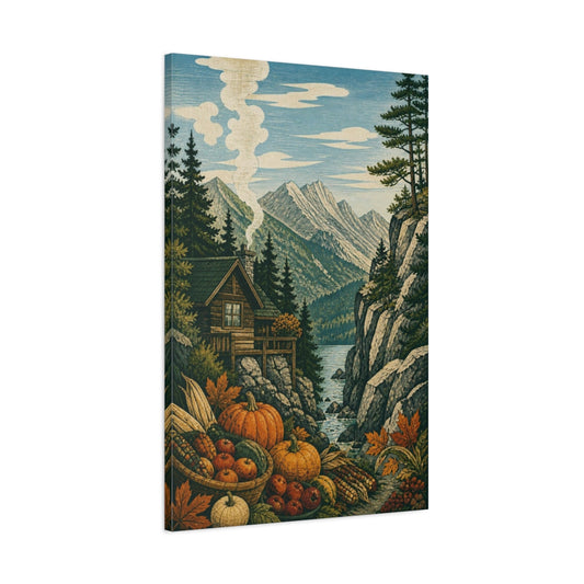 Main Mockup. Mountain Cabin Harvest shown as canvas print